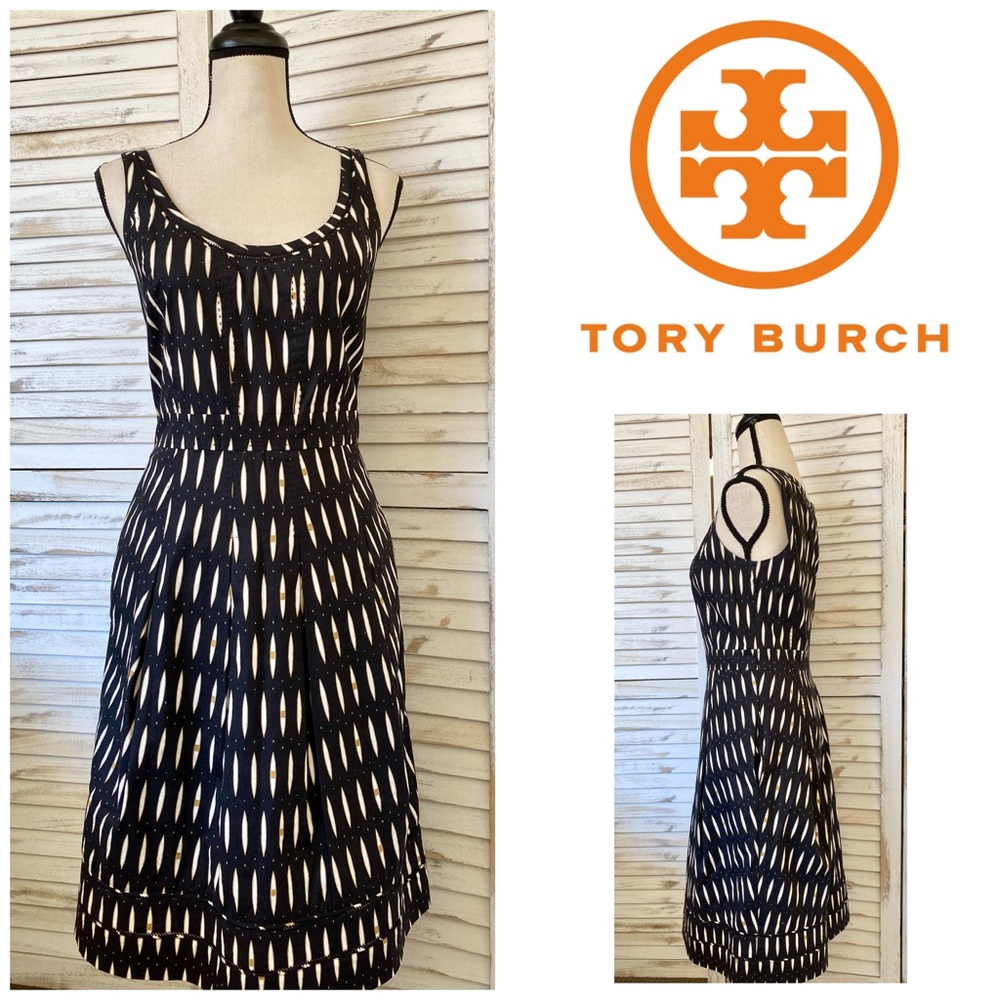 Tory Burch Dress Women's Black White Scoop Neck Tribal Sleeveless Size 10